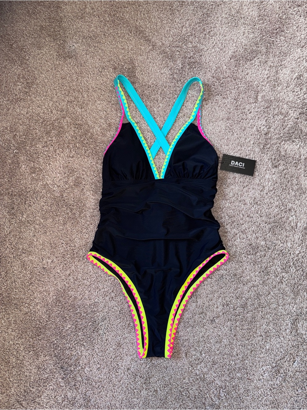 Black One-Piece Swimsuit with Neon Trim NWT